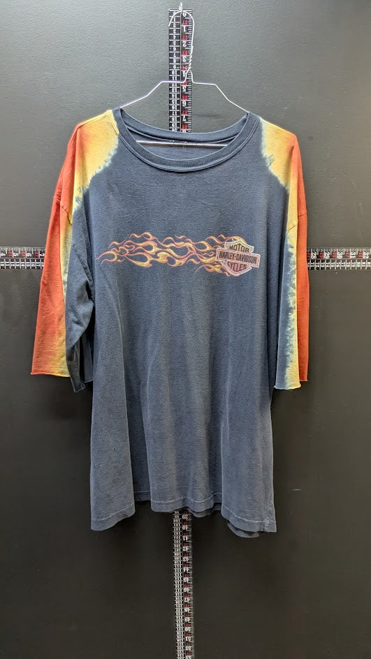 Harley Davidson Dallas Allen Texas Flame Raglan T Shirt Black Orange 3/4 Sleeve Biker Tee