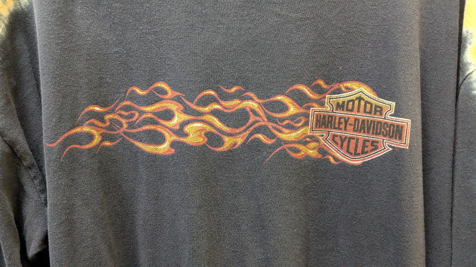 Harley Davidson Dallas Allen Texas Flame Raglan T Shirt Black Orange 3/4 Sleeve Biker Tee