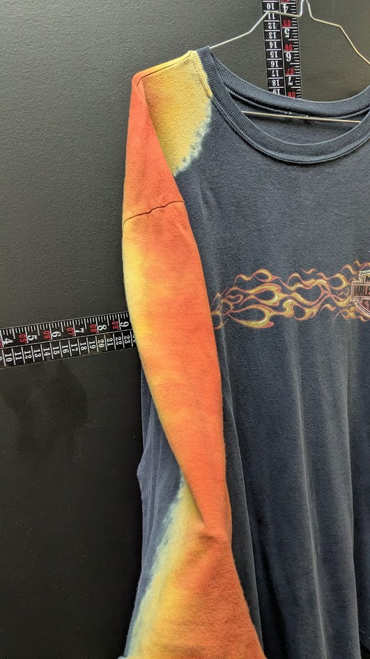 Harley Davidson Dallas Allen Texas Flame Raglan T Shirt Black Orange 3/4 Sleeve Biker Tee