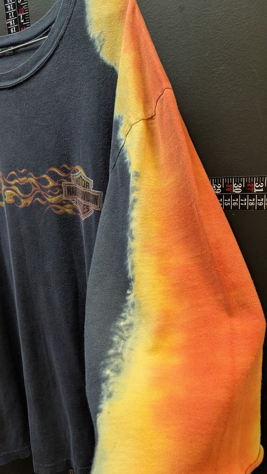 Harley Davidson Dallas Allen Texas Flame Raglan T Shirt Black Orange 3/4 Sleeve Biker Tee