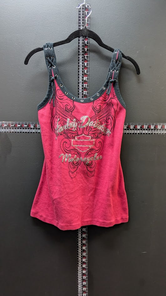 Vintage Harley Davidson Womens Tank Top XL Pink Black Lace Up Rhinestone Motorcycle Top