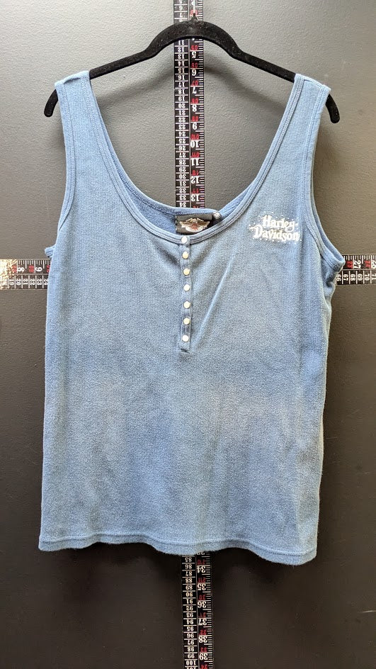 Harley Davidson Womens Blue Thermal Tank Top Medium Snap Front Rhinestone Y2K  Price Recommendation: