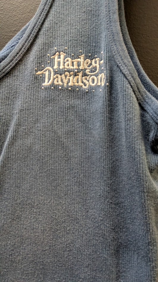 Harley Davidson Womens Blue Thermal Tank Top Medium Snap Front Rhinestone Y2K  Price Recommendation: