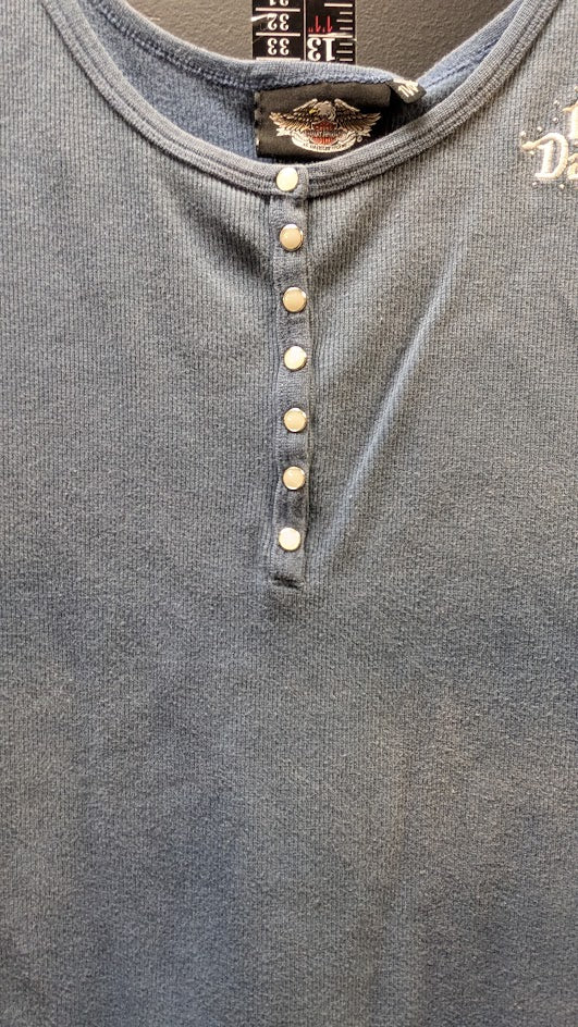 Harley Davidson Womens Blue Thermal Tank Top Medium Snap Front Rhinestone Y2K  Price Recommendation:
