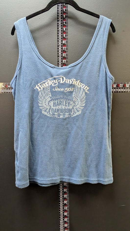 Harley Davidson Womens Blue Thermal Tank Top Medium Snap Front Rhinestone Y2K  Price Recommendation: