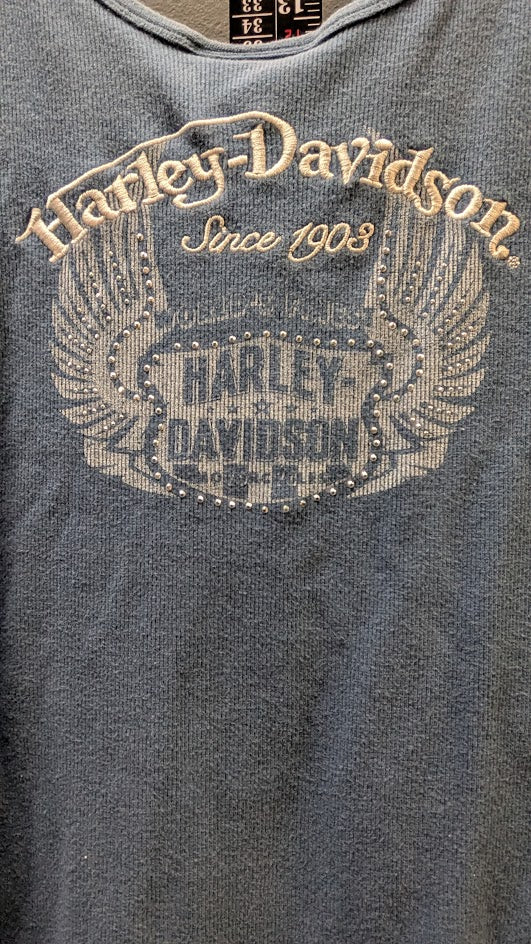 Harley Davidson Womens Blue Thermal Tank Top Medium Snap Front Rhinestone Y2K  Price Recommendation: