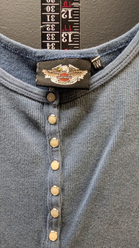 Harley Davidson Womens Blue Thermal Tank Top Medium Snap Front Rhinestone Y2K  Price Recommendation: