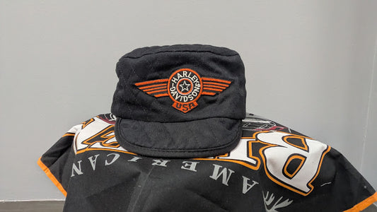 Vintage Harley-Davidson USA Quilted Military Style Hat XL Black Riding Cap