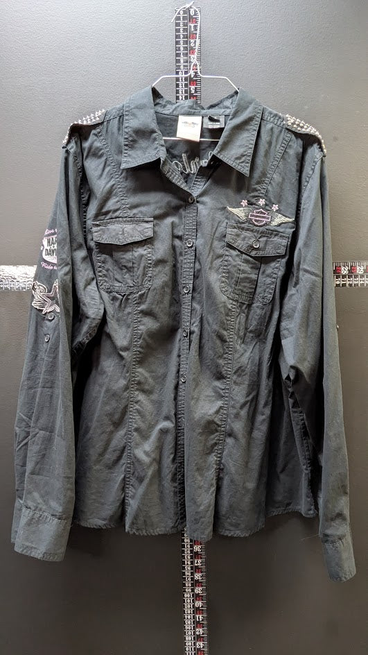 Harley-Davidson Women’s Studded Button-Up Shirt Black 2W Wing Back
