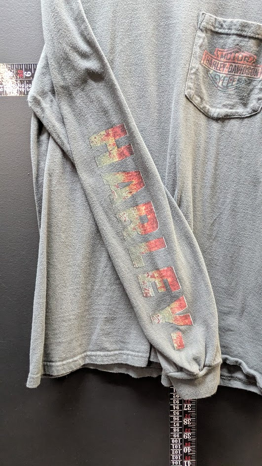 Harley-Davidson Pocket Long Sleeve T-Shirt Men’s Medium Gray Double Sided