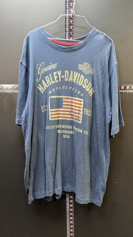 Harley Davidson Genuine Motorclothes USA Flag T Shirt XL Blue Distressed Tee