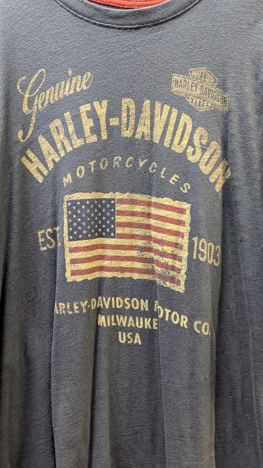 Harley Davidson Genuine Motorclothes USA Flag T Shirt XL Blue Distressed Tee