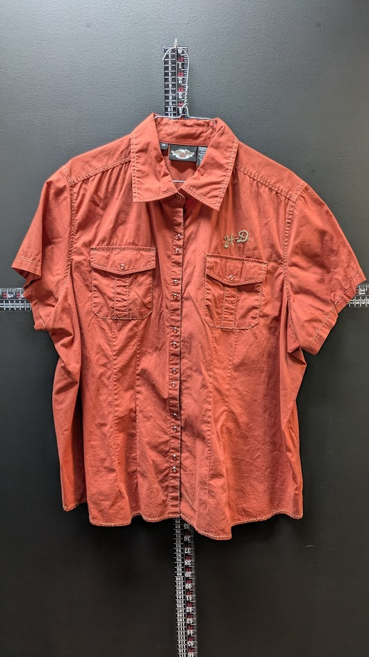 Harley Davidson Women’s 1W Button Up Shirt Rust Orange Embroidered Short Sleeve Top