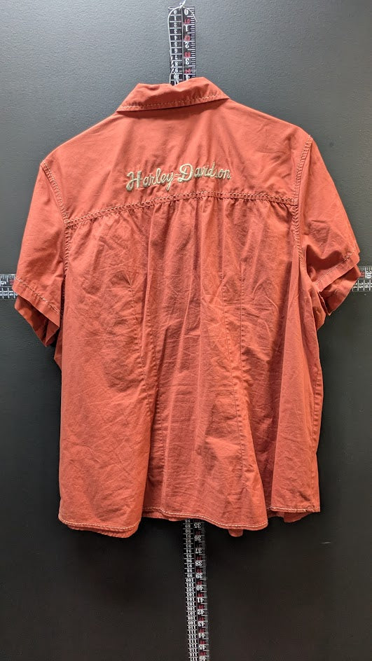 Harley Davidson Women’s 1W Button Up Shirt Rust Orange Embroidered Short Sleeve Top