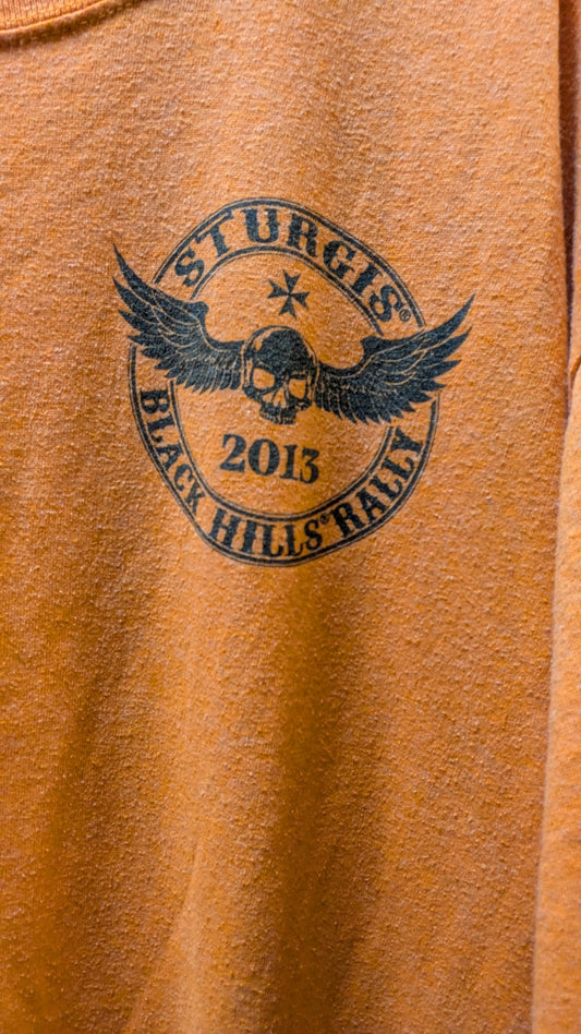 Sturgis Black Hills Rally 2013 T Shirt Orange Skull Wings Biker Tee Adult XL