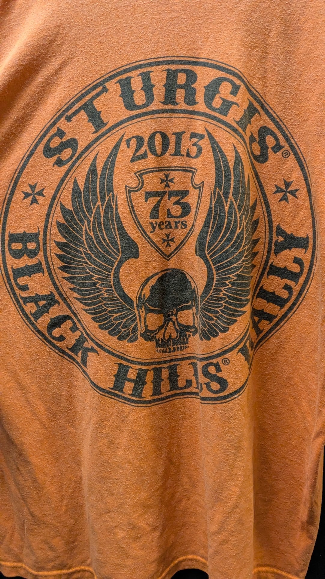 Sturgis Black Hills Rally 2013 T Shirt Orange Skull Wings Biker Tee Adult XL