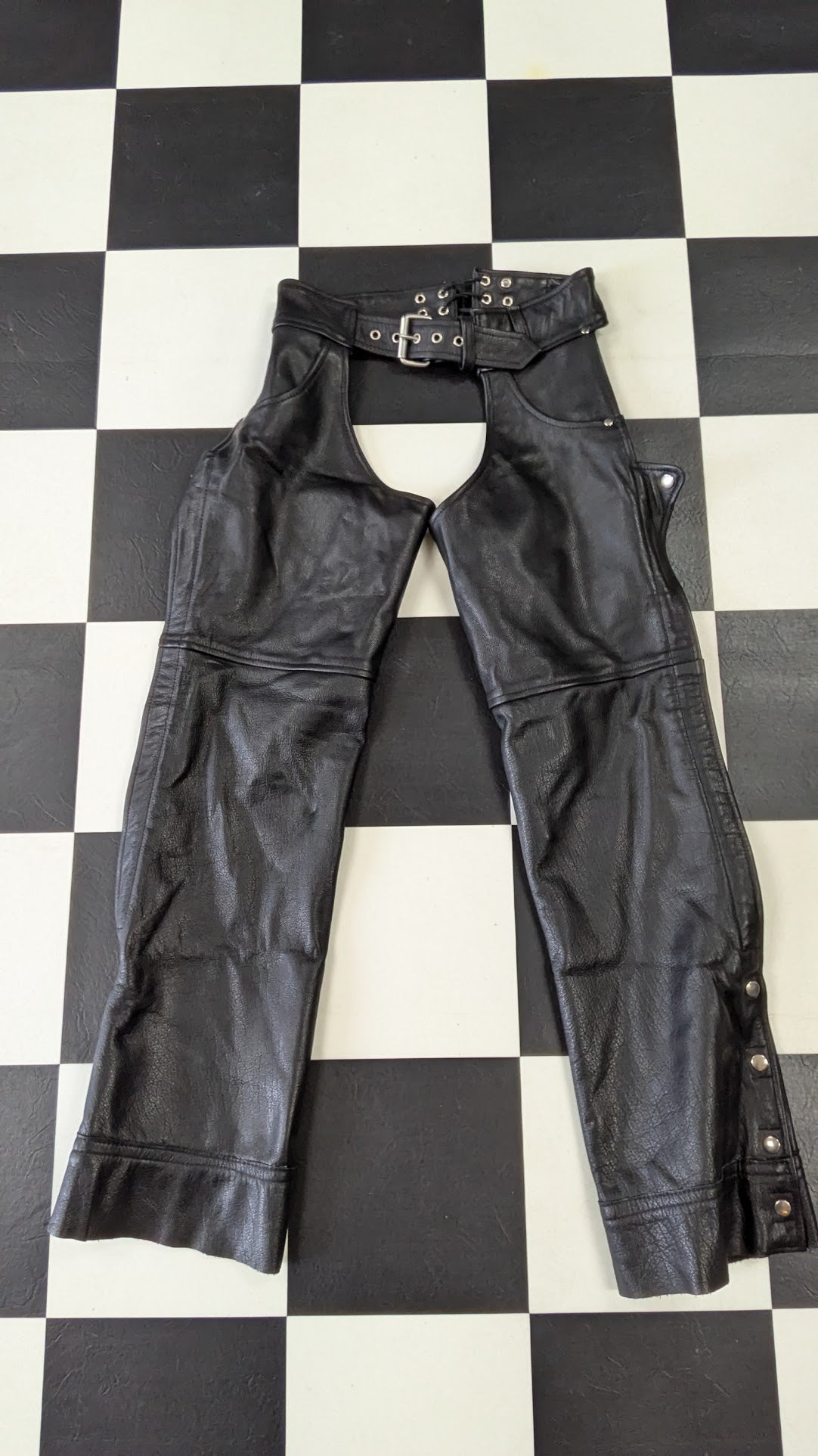 Premium Leather Motorcycle Chaps Black Snap Leg Biker Riding Pants Adult