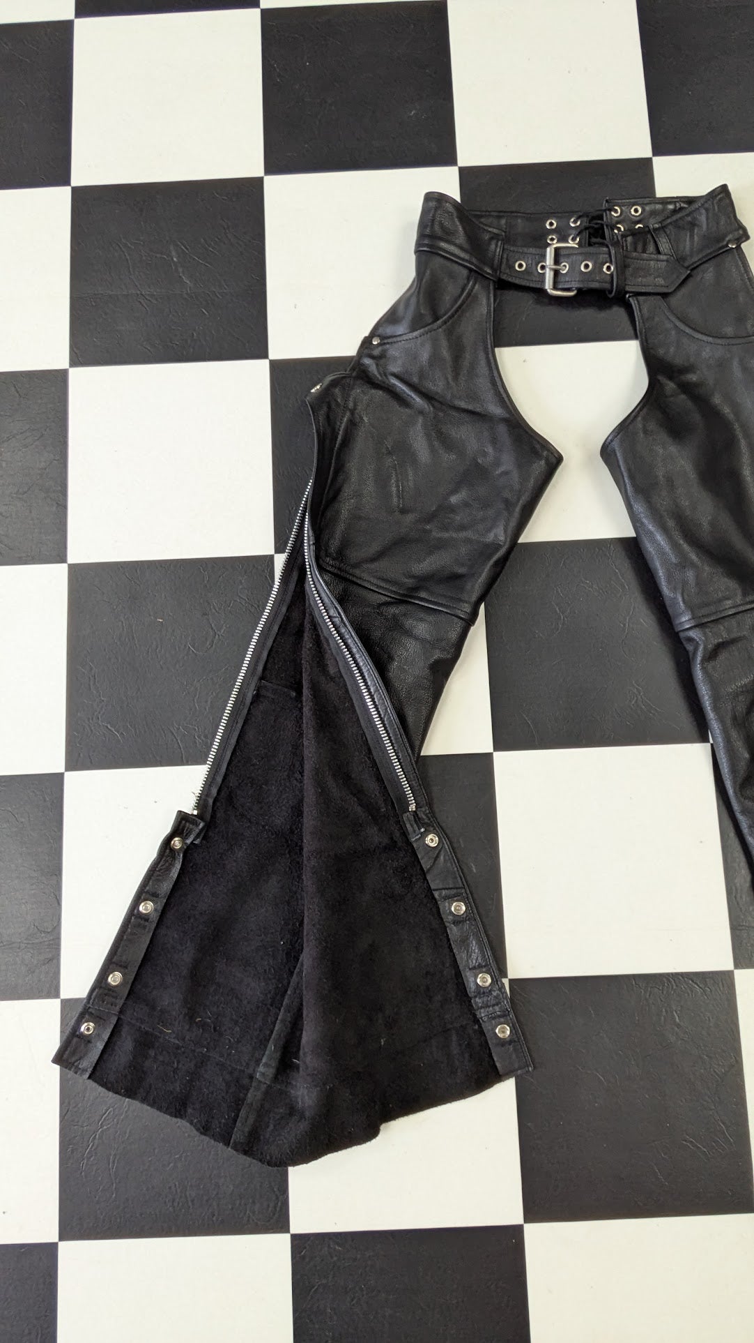 Premium Leather Motorcycle Chaps Black Snap Leg Biker Riding Pants Adult