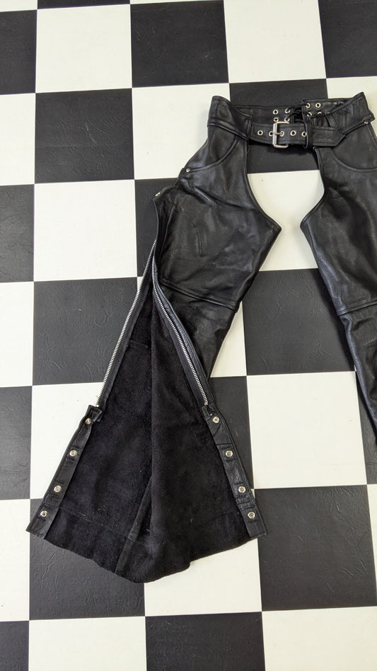 Premium Leather Motorcycle Chaps Black Snap Leg Biker Riding Pants Adult