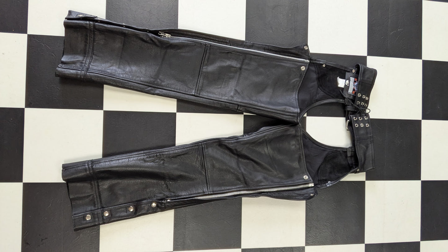 Premium Leather Motorcycle Chaps Black Snap Leg Biker Riding Pants Adult