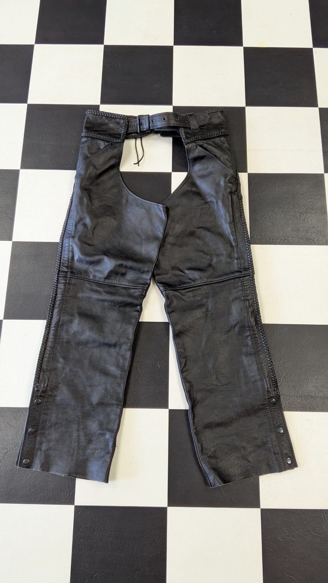 Leather Gallery Black Leather Motorcycle Chaps Mens Medium Braided Zip Snap Riding