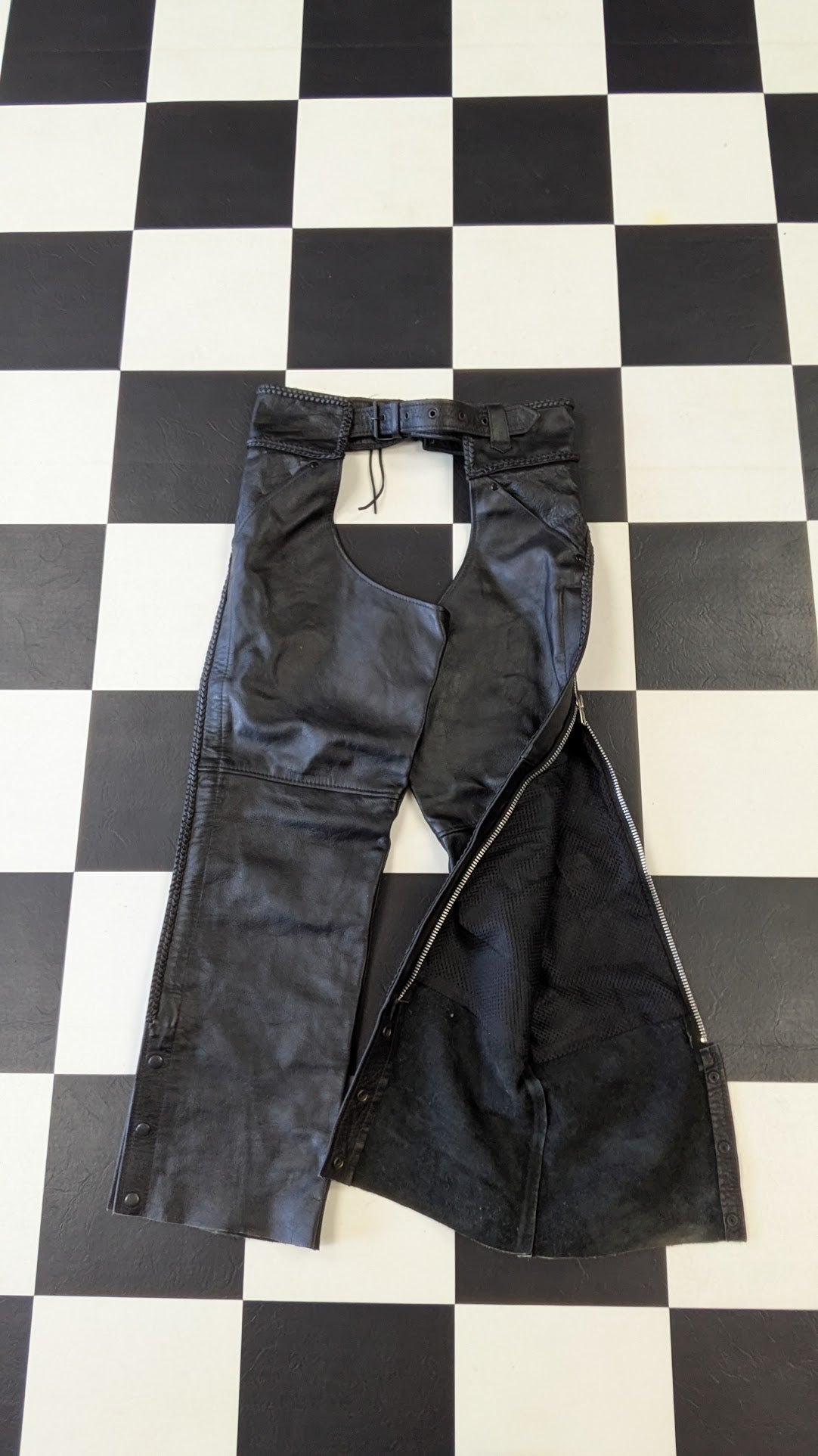 Leather Gallery Black Leather Motorcycle Chaps Mens Medium Braided Zip Snap Riding