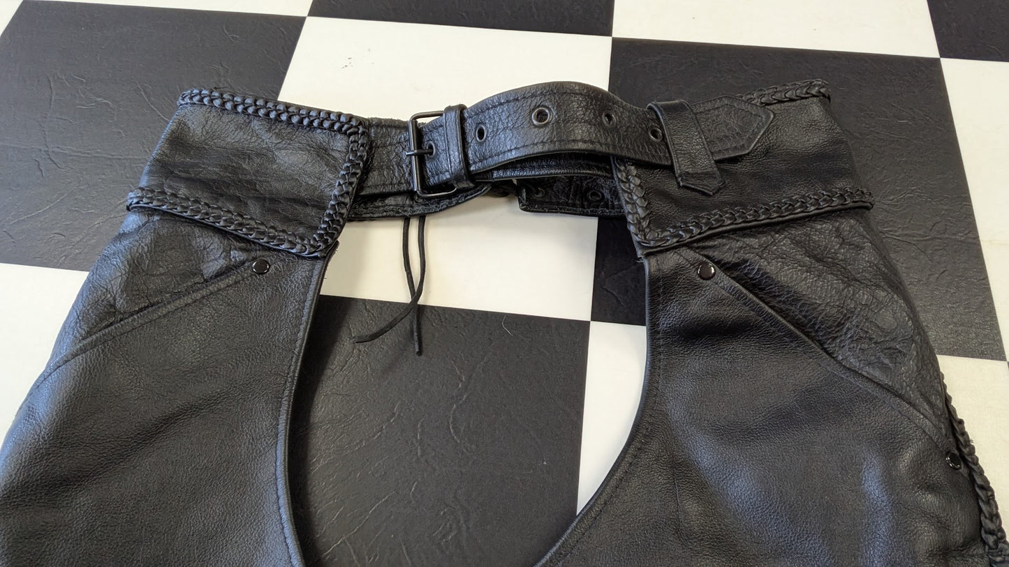 Leather Gallery Black Leather Motorcycle Chaps Mens Medium Braided Zip Snap Riding