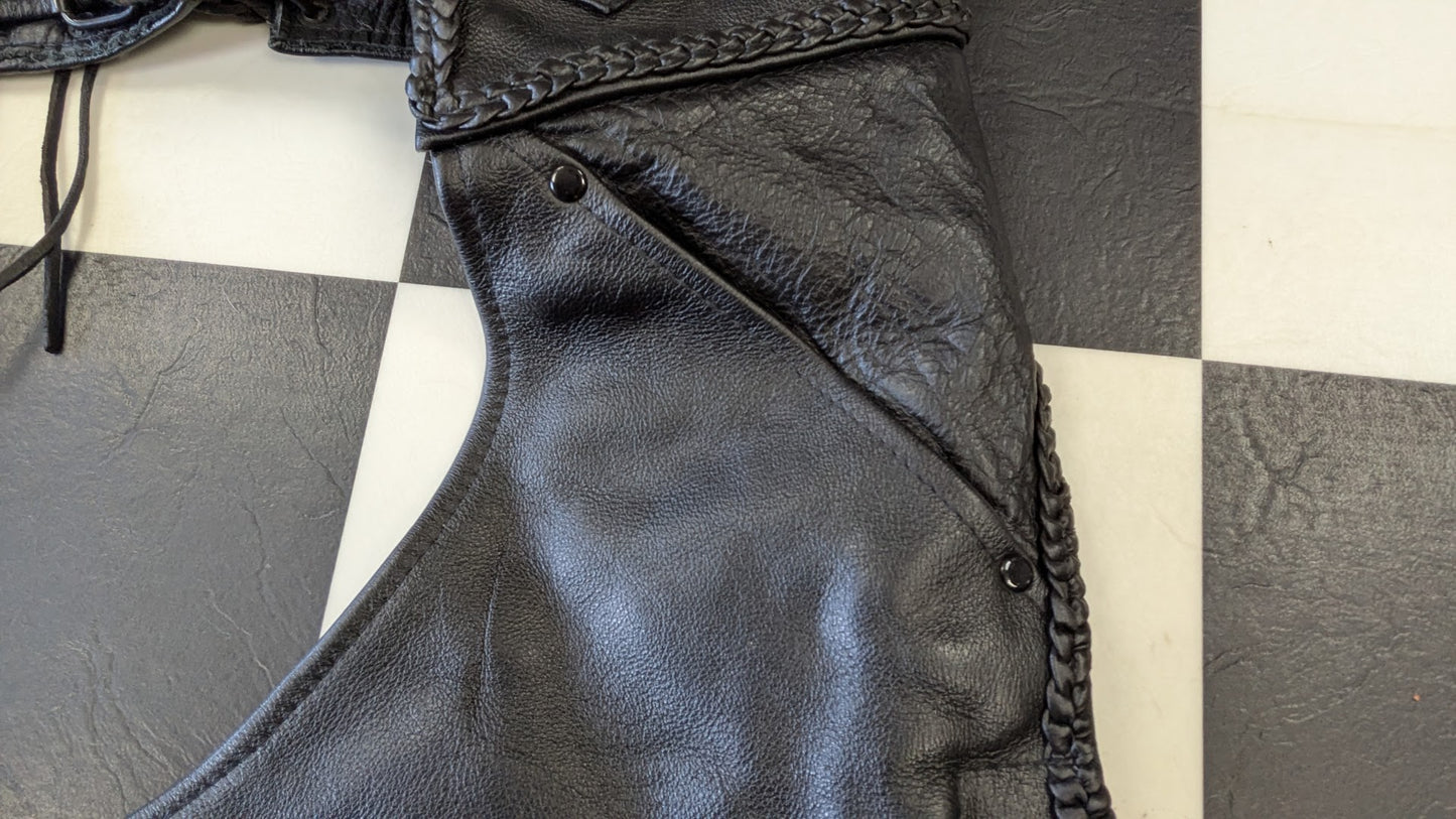 Leather Gallery Black Leather Motorcycle Chaps Mens Medium Braided Zip Snap Riding