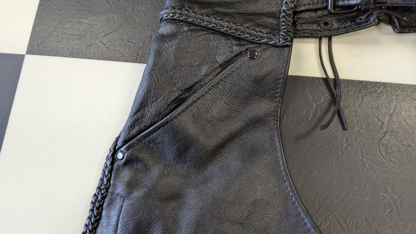 Leather Gallery Black Leather Motorcycle Chaps Mens Medium Braided Zip Snap Riding
