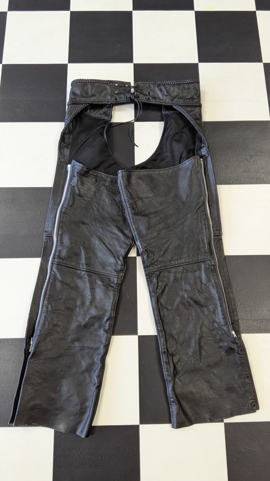 Leather Gallery Black Leather Motorcycle Chaps Mens Medium Braided Zip Snap Riding