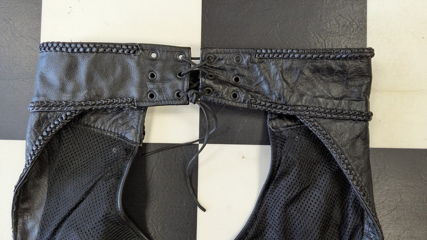 Leather Gallery Black Leather Motorcycle Chaps Mens Medium Braided Zip Snap Riding