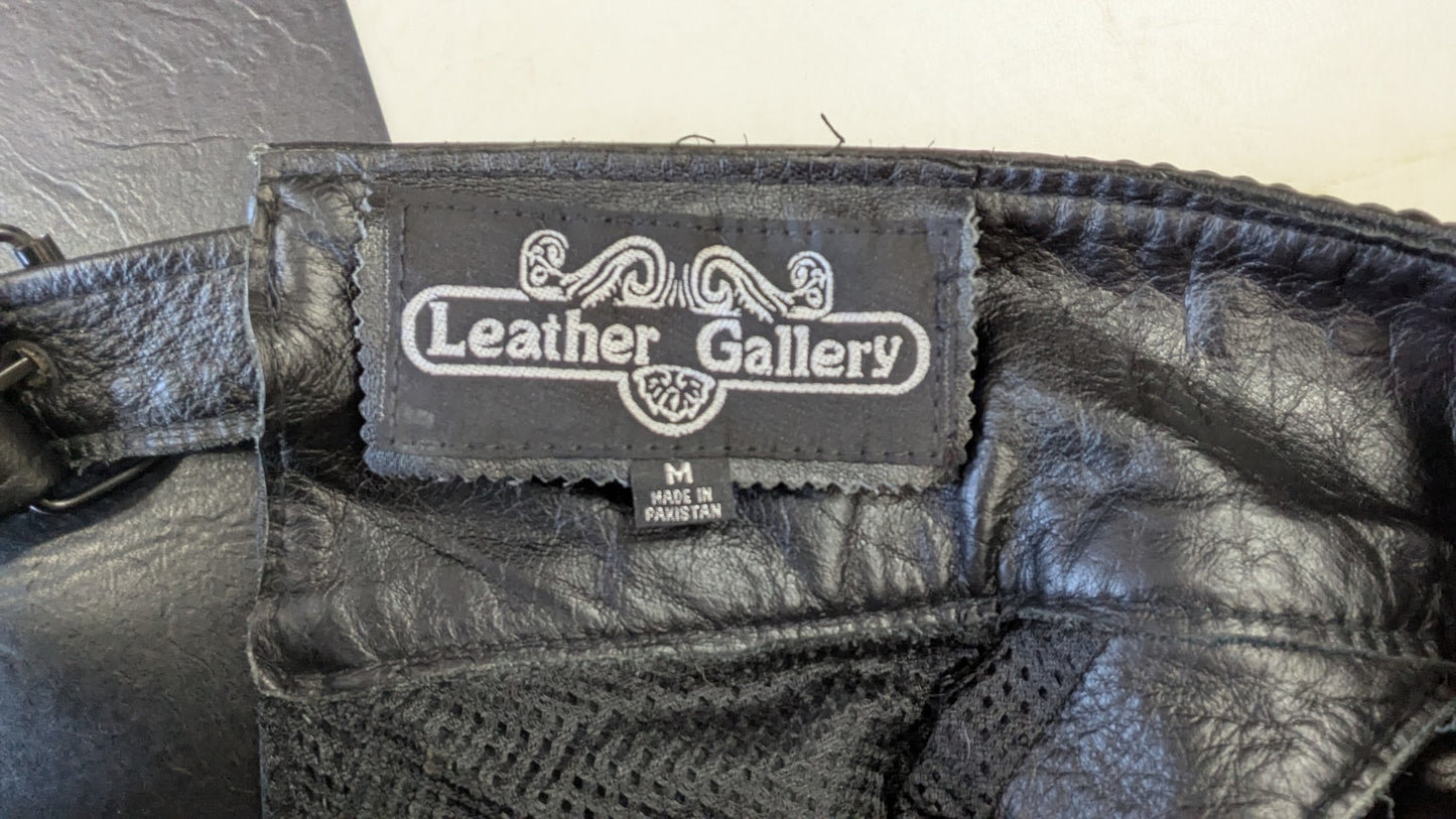Leather Gallery Black Leather Motorcycle Chaps Mens Medium Braided Zip Snap Riding
