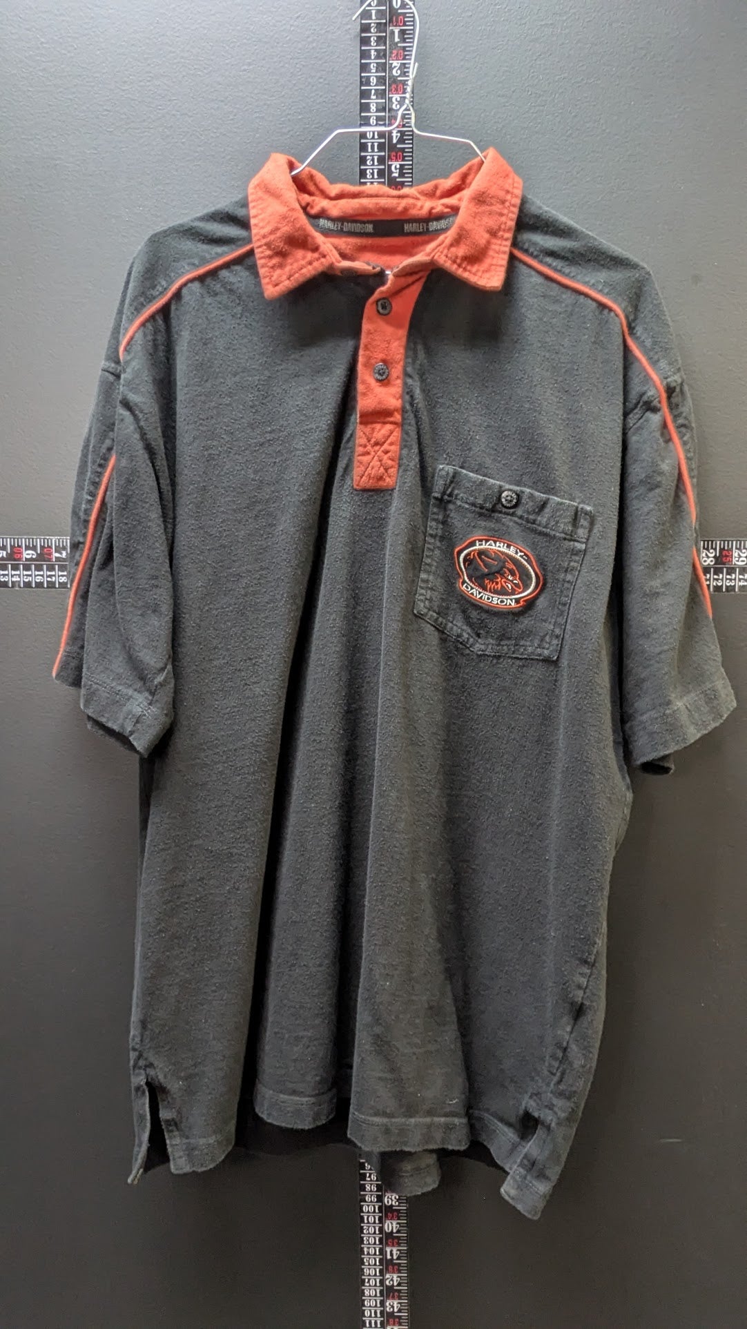 Harley-Davidson "An American Legend" Polo Shirt Large Black Orange Embroidered Pocket Logo