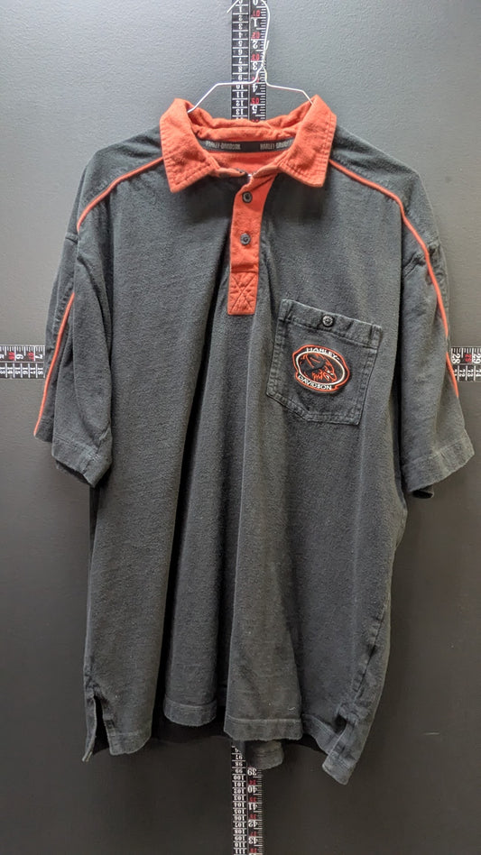 Harley-Davidson "An American Legend" Polo Shirt Large Black Orange Embroidered Pocket Logo