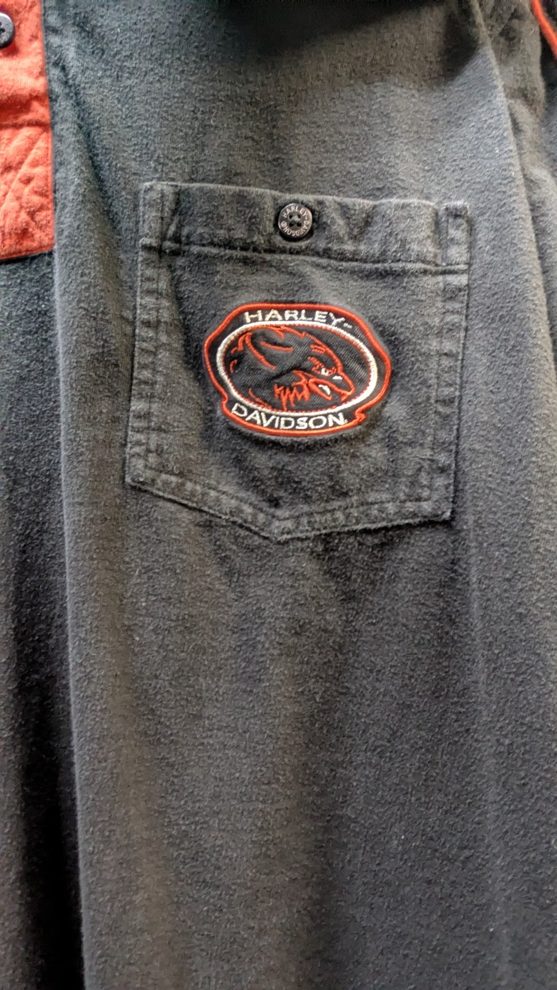 Harley-Davidson "An American Legend" Polo Shirt Large Black Orange Embroidered Pocket Logo