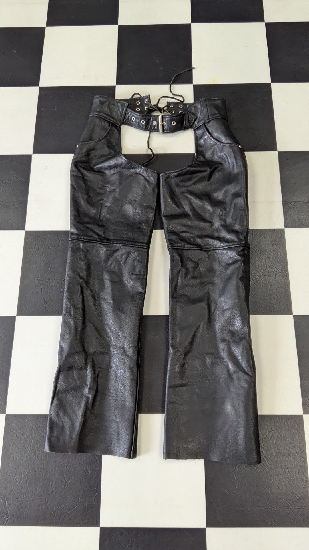 MMB Genuine Leather Motorcycle Chaps Black Lace-Up Riding Chaps XS
