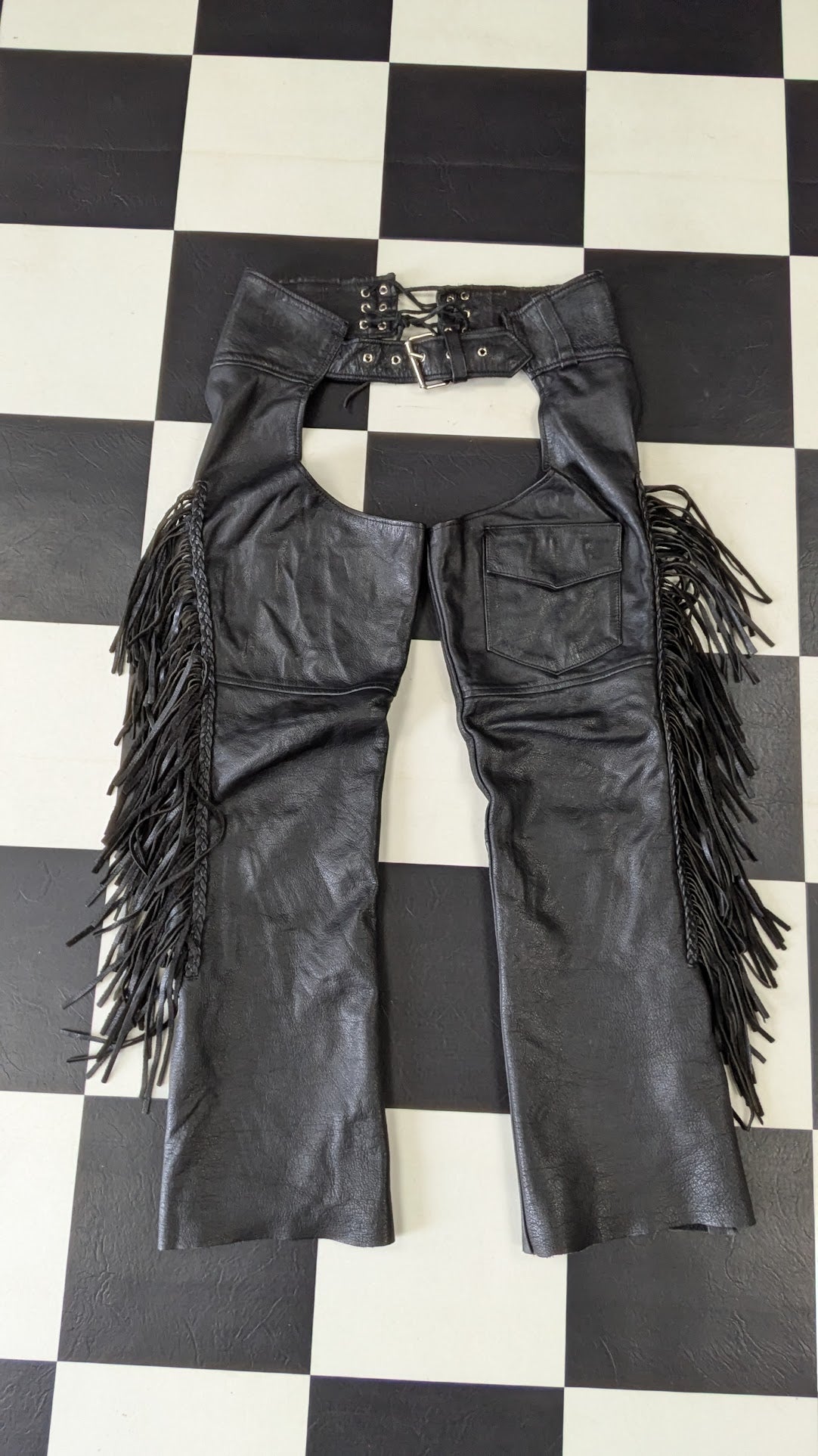 MOB Classic X4 Genuine Leather Fringe Motorcycle Chaps Black Western Riding Chaps