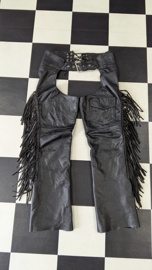 MOB Classic X4 Genuine Leather Fringe Motorcycle Chaps Black Western Riding Chaps