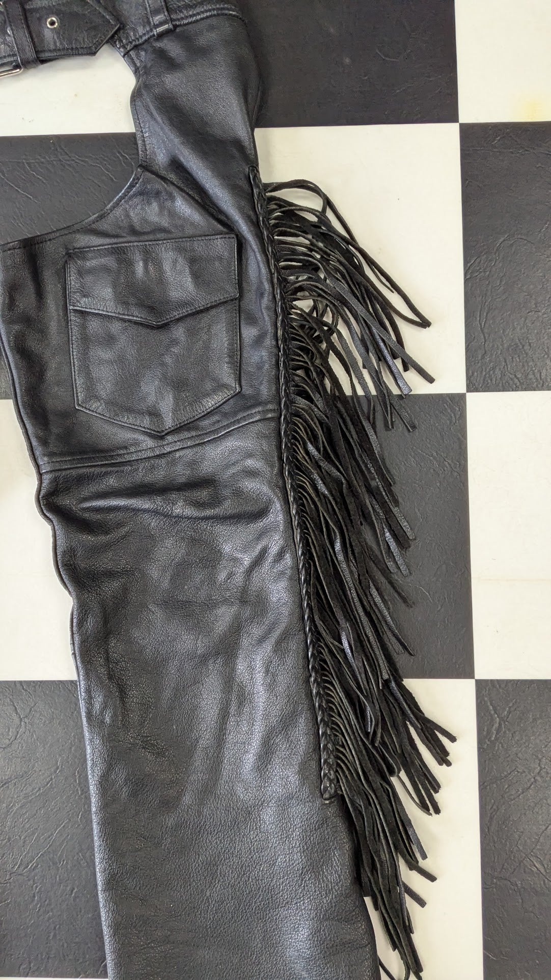 MOB Classic X4 Genuine Leather Fringe Motorcycle Chaps Black Western Riding Chaps
