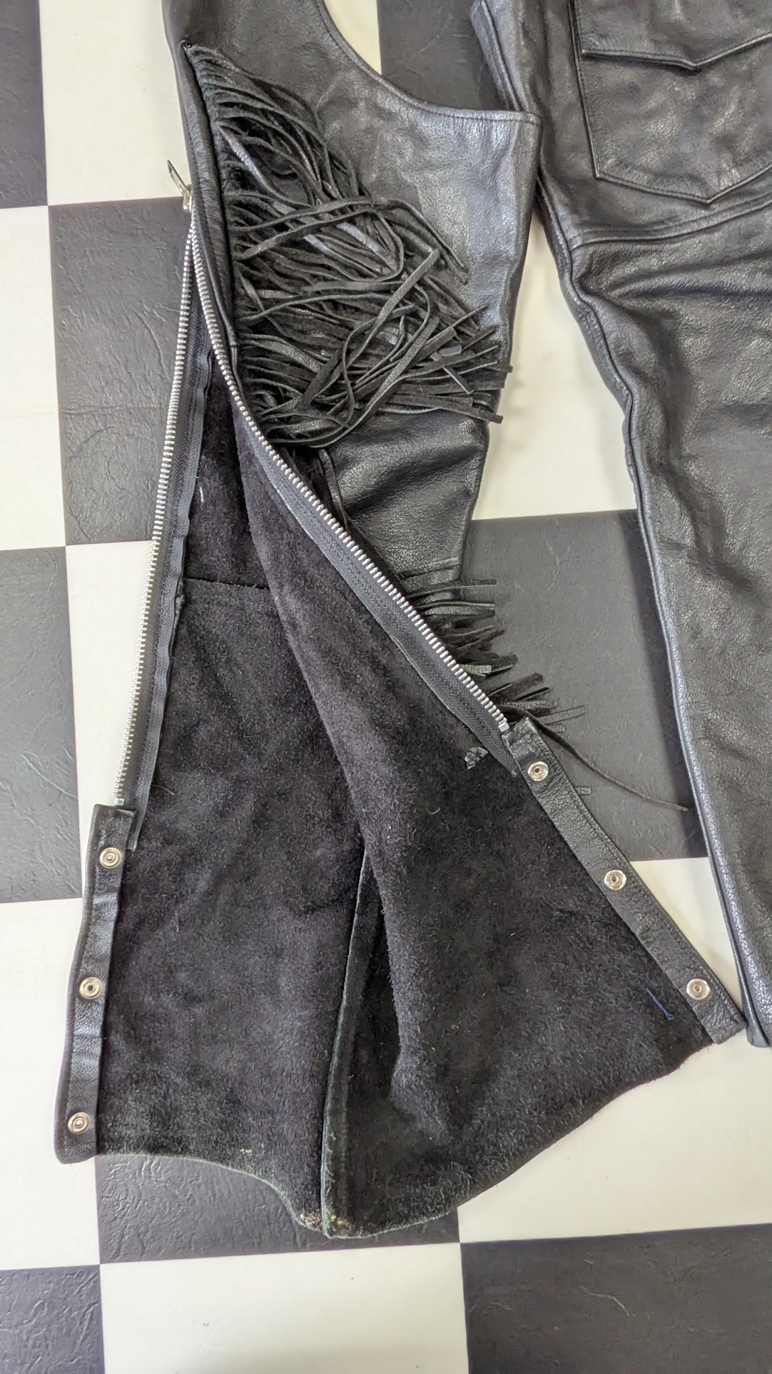 MOB Classic X4 Genuine Leather Fringe Motorcycle Chaps Black Western Riding Chaps