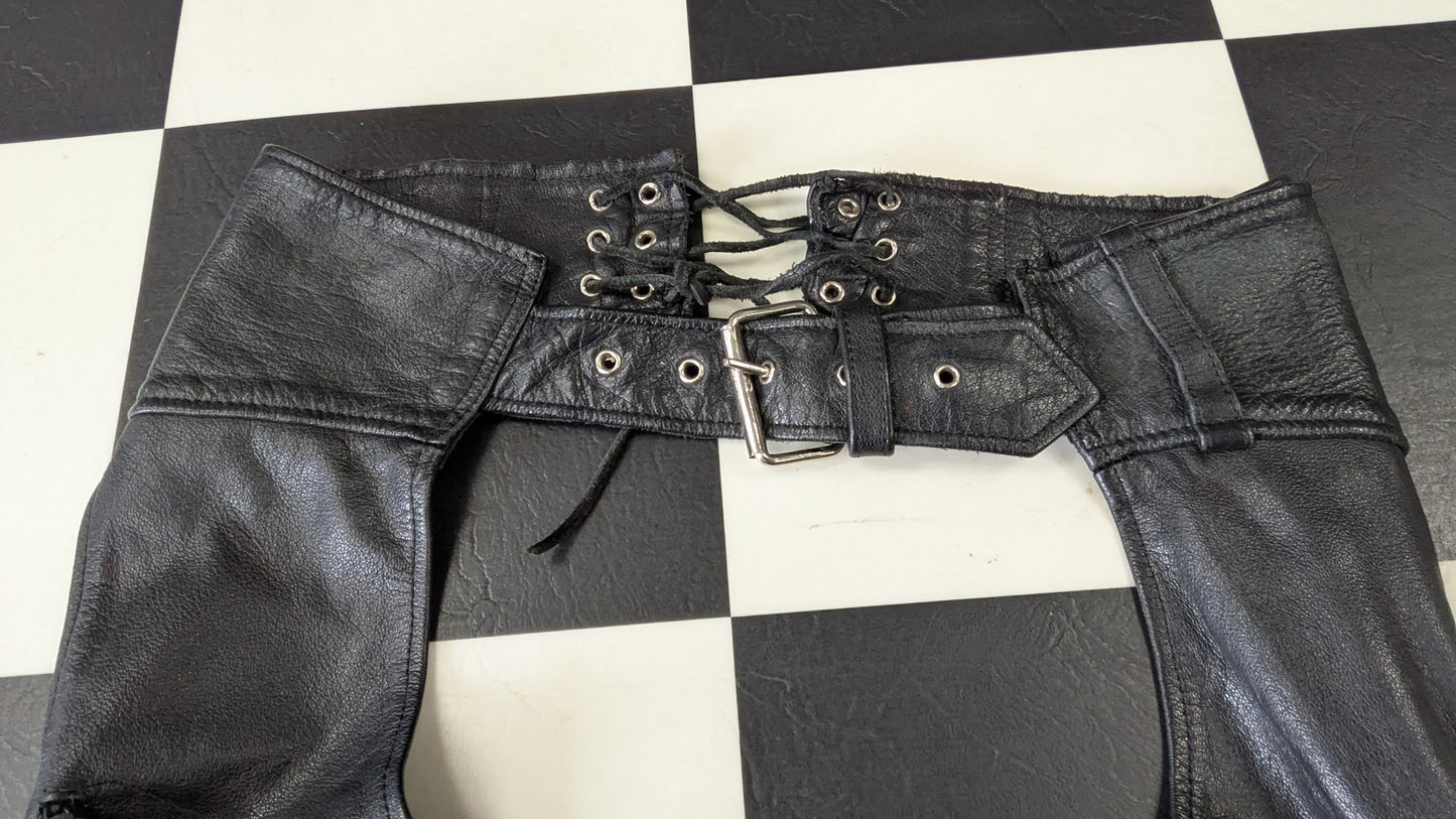 MOB Classic X4 Genuine Leather Fringe Motorcycle Chaps Black Western Riding Chaps