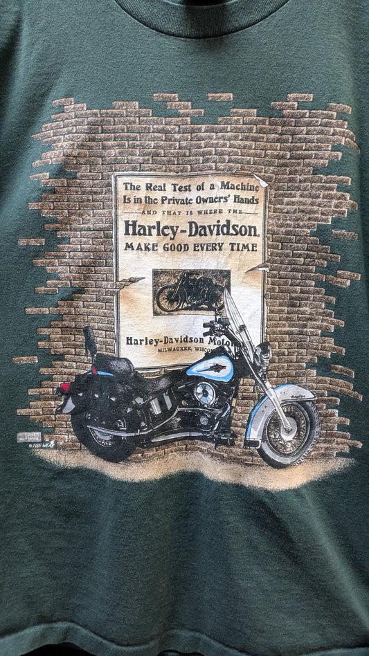 Vintage Harley-Davidson Fun Wear Motorcycle Graphic T-Shirt Size Large Green
