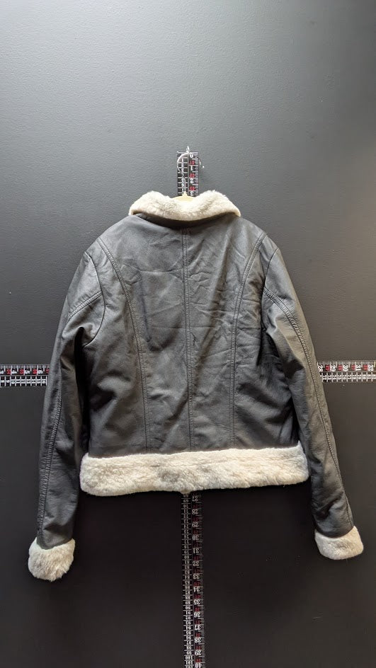Women's Black Faux Leather Sherpa-Lined Moto Jacket – Size Large