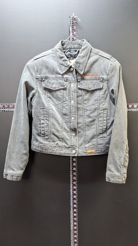 Y2K Harley-Davidson Women's Gray Denim Jacket with Embroidered Back Patch