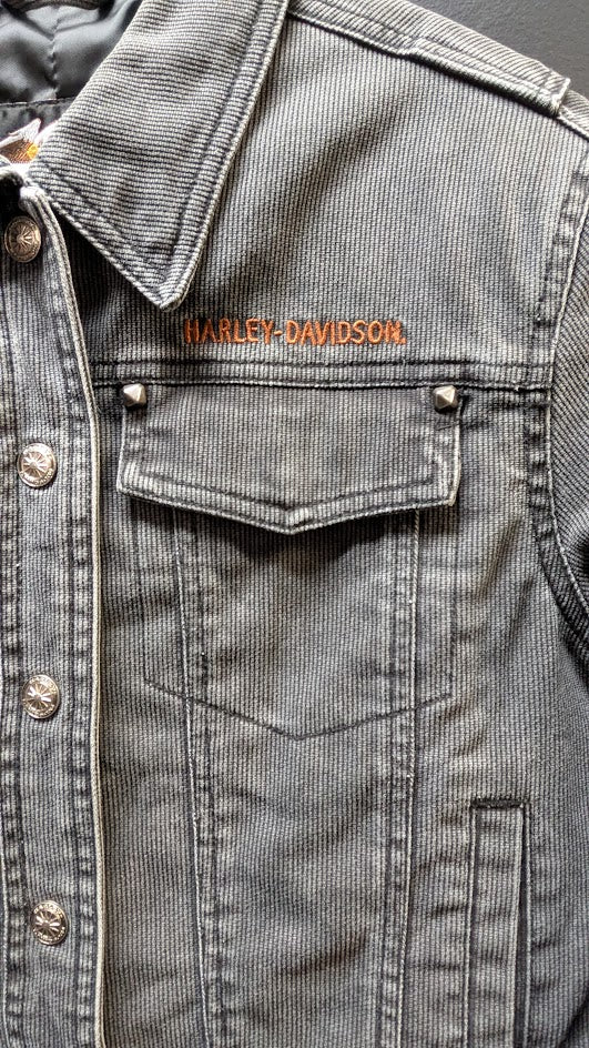Y2K Harley-Davidson Women's Gray Denim Jacket with Embroidered Back Patch