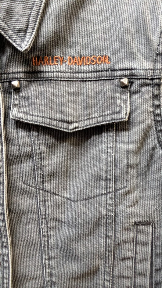 Y2K Harley-Davidson Women's Gray Denim Jacket with Embroidered Back Patch