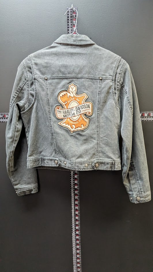 Y2K Harley-Davidson Women's Gray Denim Jacket with Embroidered Back Patch