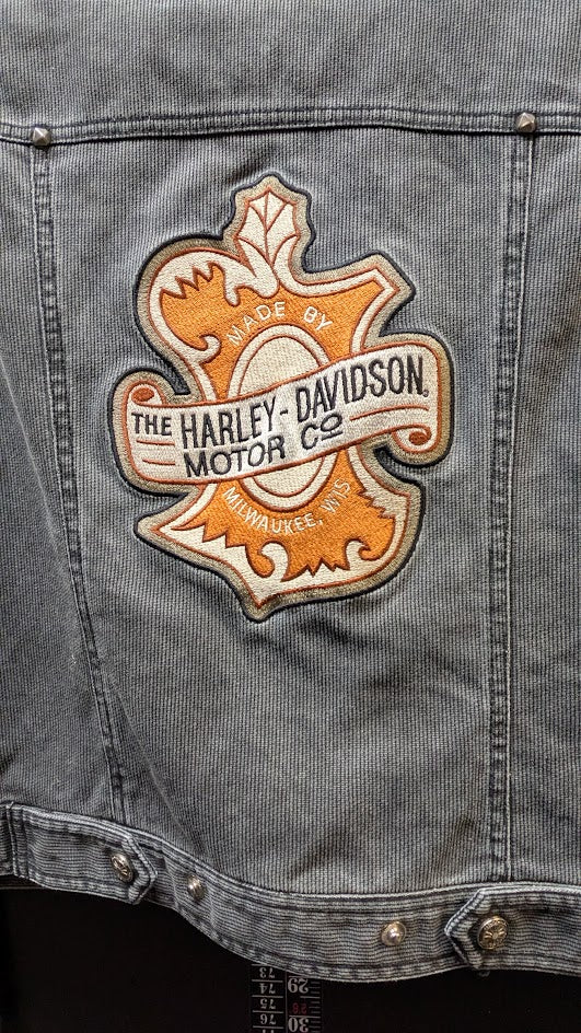 Y2K Harley-Davidson Women's Gray Denim Jacket with Embroidered Back Patch