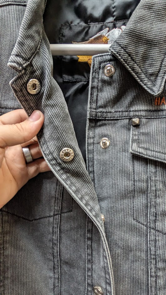 Y2K Harley-Davidson Women's Gray Denim Jacket with Embroidered Back Patch
