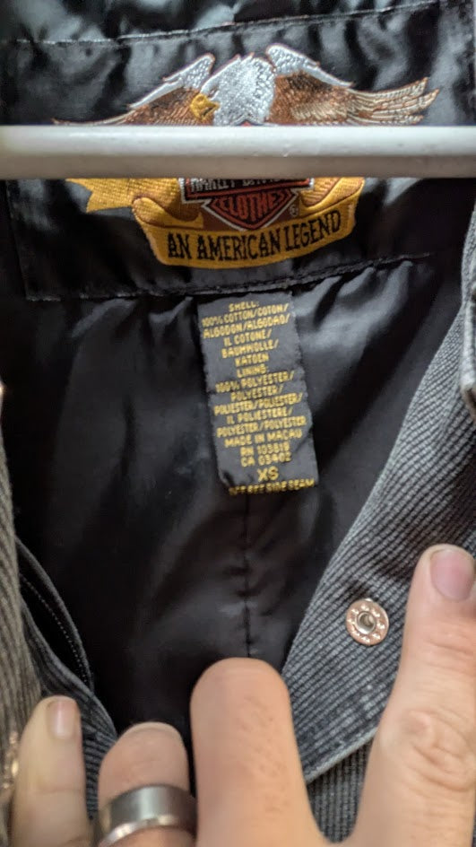 Y2K Harley-Davidson Women's Gray Denim Jacket with Embroidered Back Patch